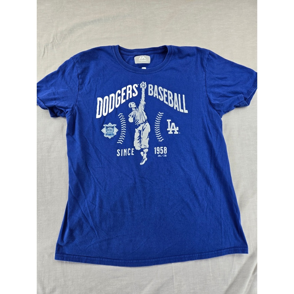 Majestic Los Angeles Dodgers Baseball T-Shirt Mens Large Blue Graphic Tee 1958 - Picture 1 of 10